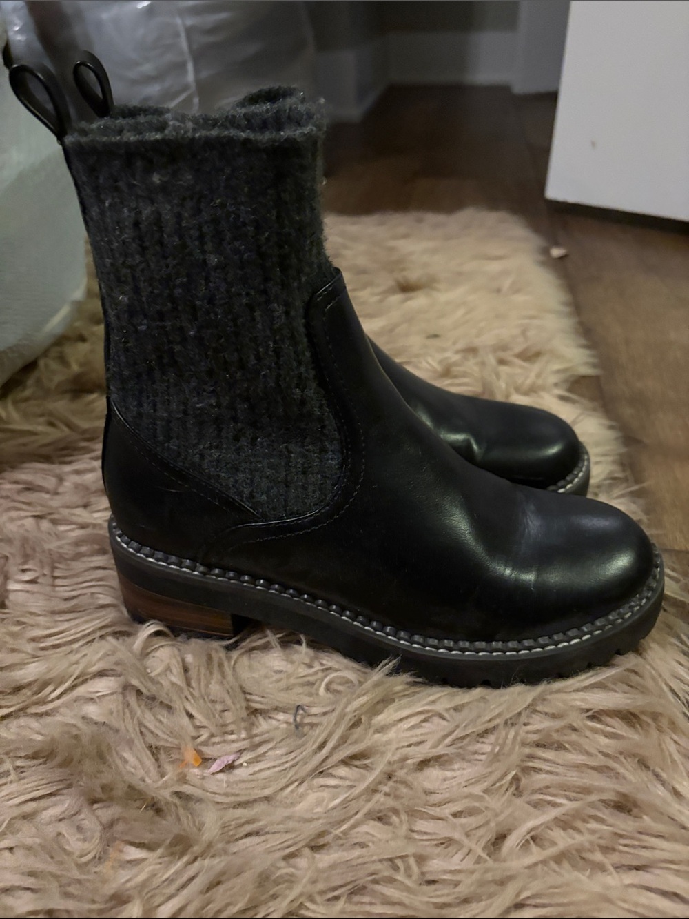 Universal Thread Black Leather Ankle Boots with Knit Cuff